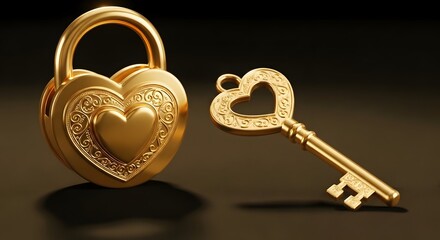 Golden heart shaped lock and key symbolizing love security and commitment