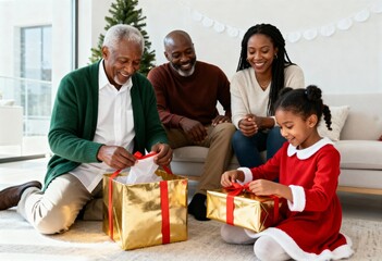 Multi-generational African American family opening Christmas gifts at home. Grandfather and granddaughter unwrapping presents together. Holiday celebration and family bonding concept