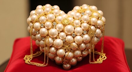 Ornate heart shaped decoration adorned with pearls and gold chains on a red fabric background
