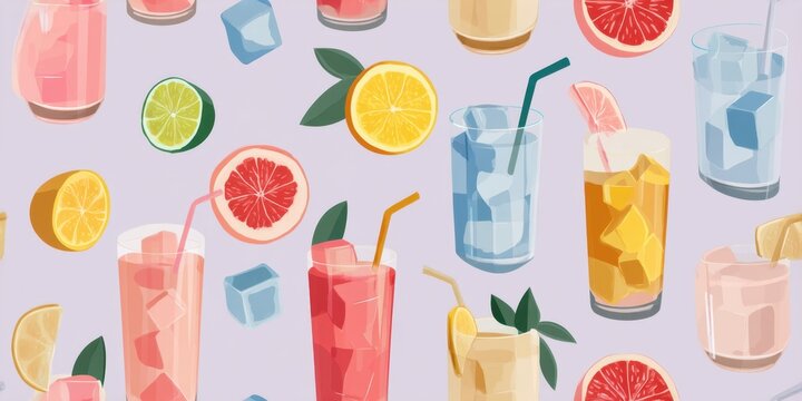Colorful illustration of various refreshing beverages with ice cubes, citrus slices, and straws on a pastel background, perfect for summer-themed designs and marketing materials