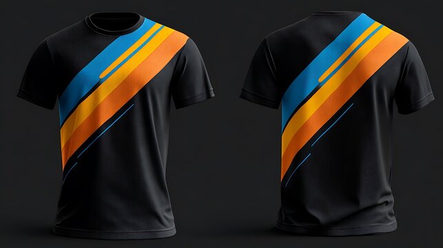 A stylish black t-shirt featuring vibrant diagonal stripes in orange, blue, and yellow, ideal for casual wear or sports.