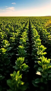 Green field of crops with sunlight agricultural cultivation and natural environment pods and foliage