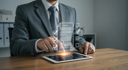 Professional businessman using tablet to manage digital checklist and tasks, symbolizing efficiency and modern business operations.