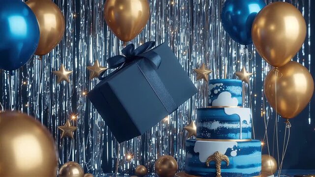 Celebration setup with blue cake, golden balloons, and sparkling decorations for a special occasion