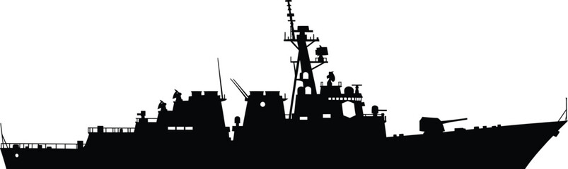 Obraz premium Black silhouette of a modern warship with antennas and gun turrets navy military