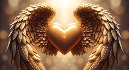 Golden angel wings embracing a radiant heart symbol with soft bokeh lights