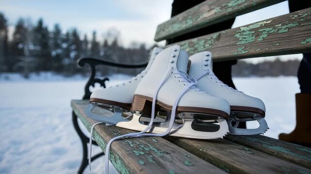 Ice skates resting on a bench by frozen lake in winter landscape, loving couple is passing nearby  