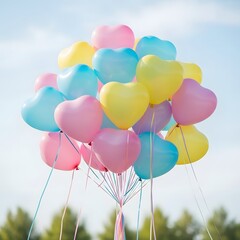 A vibrant cluster of heart shaped balloons in pastel colors floats against a soft blue sky