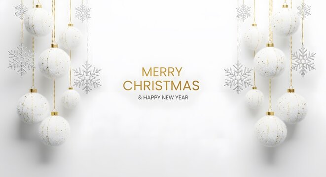 Elegant white christmas ornaments and snowflakes on a clean white background