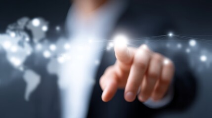 A business professional interacts with a digital network. The image captures a futuristic concept of technology and connection. Perfect for tech and innovation themes. AI