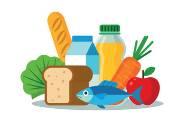 A variety of healthy food items including fish, bread, vegetables, and fruit are displayed.