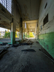 Long industrial corridor in abandoned building with green walls sunlight and decay textures symbolizing urban exploration and forgotten beauty.