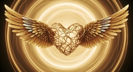 Golden angelic heart with intricate wings and glowing aura of light