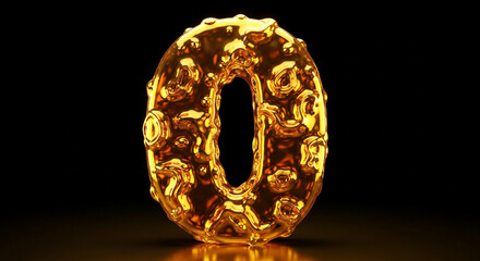 Molten gold numeral zero gleams with opulent texture, signifying beginnings, value, and luxury in a dramatic studio setting
