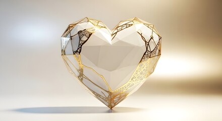 Abstract geometric crystal heart sculpture with intricate gold leaf patterns and soft lighting