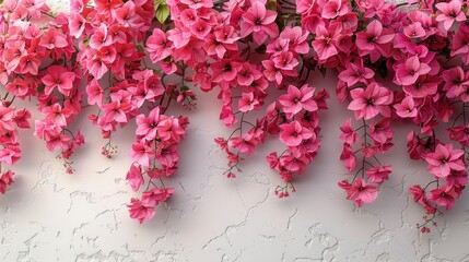 Vibrant bougainvillea flowers drape a textured white wall, highlighting spring's beauty