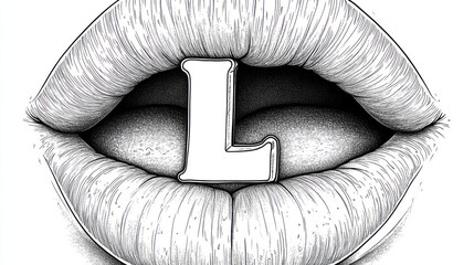 Lips form a striking image with the letter L prominently featured in black and white
