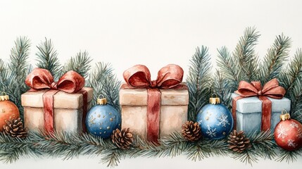 Decorative gifts with ribbons and ornaments among pine branches bring holiday cheer