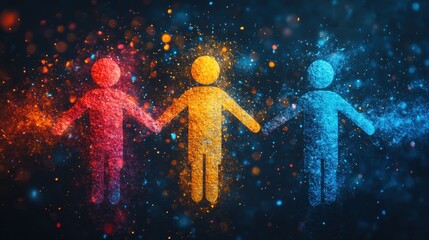 Three colorful silhouettes stand hand in hand, radiating unity against a starry backdrop