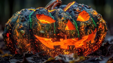 Glowing carved pumpkin displays vibrant colors among fallen leaves on a chilly night