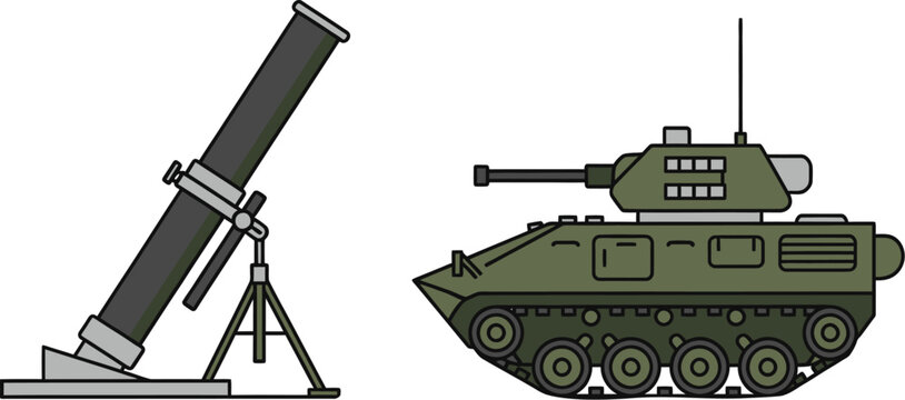 Green military tank and mortar on white background weapon artillery