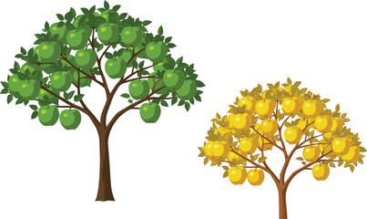 Green apple tree and yellow apple tree side by side in orchard, fruit comparison, autumn foliage, agricultural nature landscape scene