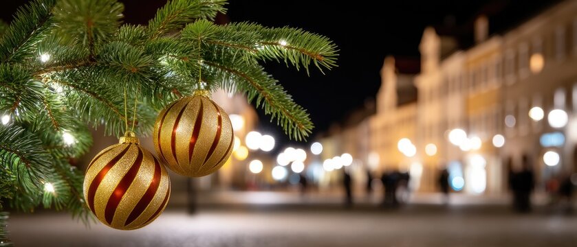 Colorful ornament hangs on a tree as people stroll through a lively winter market at night, enjoying the seasonal atmosphere