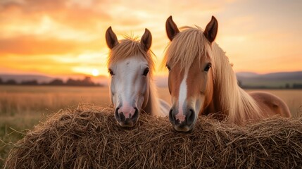 A heartwarming scene of two horses standing closely in a golden field at sunset, symbolizing companionship and the serene beauty of rural life in a tranquil farm environment.