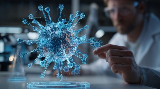 Detailed Holographic Exploration of Virus Particles with Scientist in Laboratory Setting