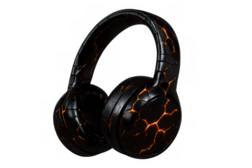 Over-ear headphone with glowing lava cracked pattern on black surface, symbolizing powerful audio and immersive sound