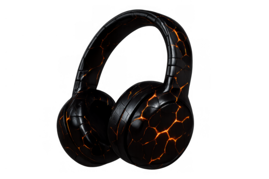 Over-ear headphone with glowing lava cracked pattern on black surface, symbolizing powerful audio and immersive sound