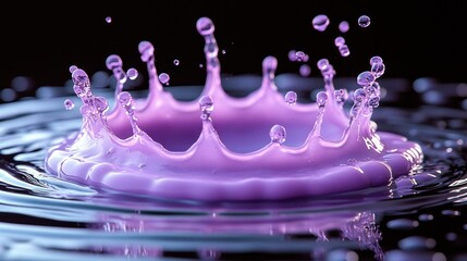 A striking purple splash forms a crown while droplets dance on the tranquil water