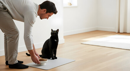 Man serving food to black cat in bright modern home interior  