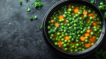Warm green pea soup filled with carrots and fresh parsley on a dark surface