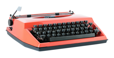 Red vintage typewriter isolated on transparent background. Retro office machine perfect for writing concepts, literature themes, creative design, and nostalgic projects