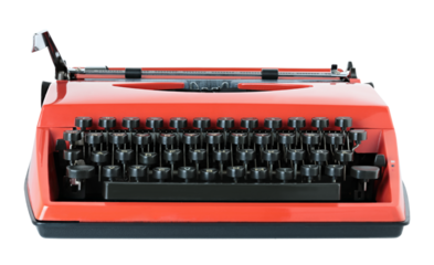 Red vintage typewriter isolated on transparent background. Retro office machine perfect for writing concepts, literature themes, creative design, and nostalgic projects