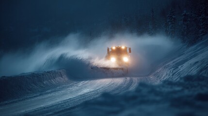 Fototapeta premium Snow Plow Clearing Heavy Snow From Mountain Roads at Dawn Amidst a Winter Wonderland Scene