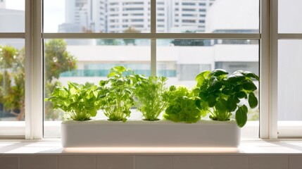 A modern indoor garden sits on a windowsill filled with fresh herbs and greens. This vibrant display brightens the space. Perfect for home cooks and gardening enthusiasts. AI