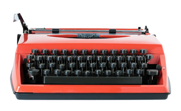 Red vintage typewriter isolated on transparent background. Retro office machine perfect for writing concepts, literature themes, creative design, and nostalgic projects