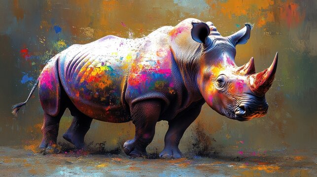 A colorful rhino walks proudly through a bright and abstract landscape filled with hues