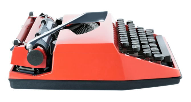 Red vintage typewriter isolated on transparent background. Retro office machine perfect for writing concepts, literature themes, creative design, and nostalgic projects