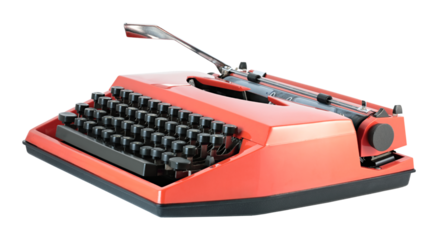 Red vintage typewriter isolated on transparent background. Retro office machine perfect for writing concepts, literature themes, creative design, and nostalgic projects
