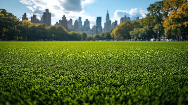 Bright green grass covers a sunny park as a stunning city skyline rises above trees