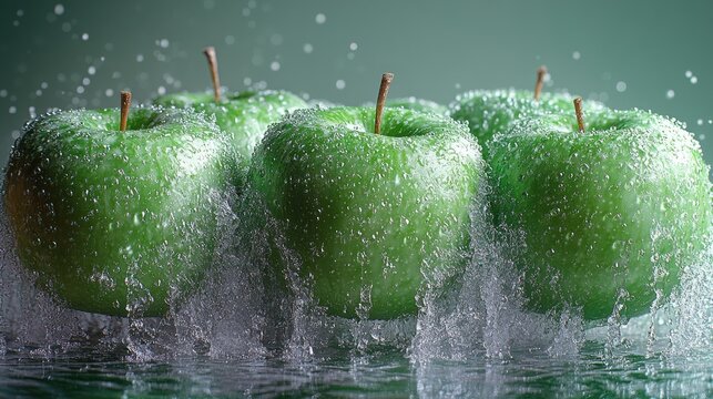 Bright green apples surrounded by splashes of water create a vibrant, fresh scene