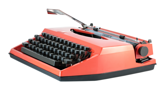 Red vintage typewriter isolated on transparent background. Retro office machine perfect for writing concepts, literature themes, creative design, and nostalgic projects