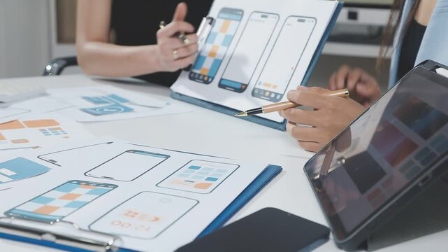 Two UX UI designers brainstorming mobile app wireframes in a modern startup office, showcasing creative teamwork, digital design