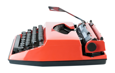 Red vintage typewriter isolated on transparent background. Retro office machine perfect for writing concepts, literature themes, creative design, and nostalgic projects