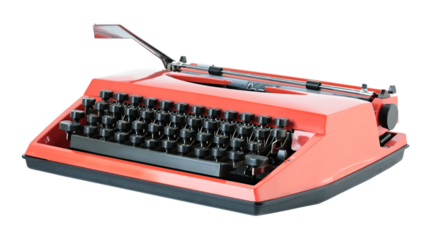 Red vintage typewriter isolated on transparent background. Retro office machine perfect for writing concepts, literature themes, creative design, and nostalgic projects