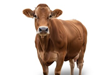 Brown jersey cow standing facing forward isolated on white background