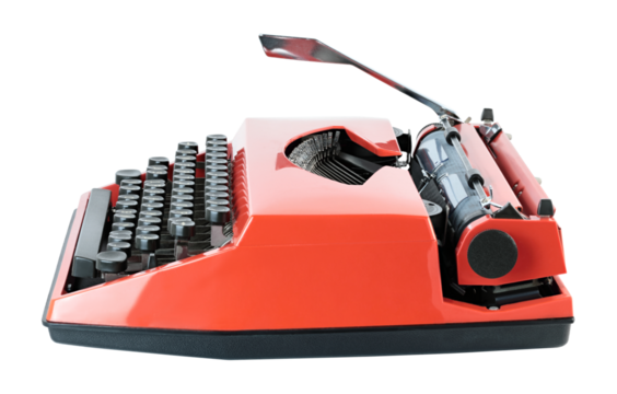 Red vintage typewriter isolated on transparent background. Retro office machine perfect for writing concepts, literature themes, creative design, and nostalgic projects